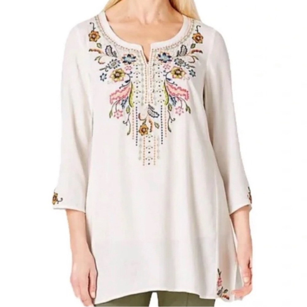J Jill Top Women’s XL White Sheer Floral Embroidered Lightweight Blouse Shirt